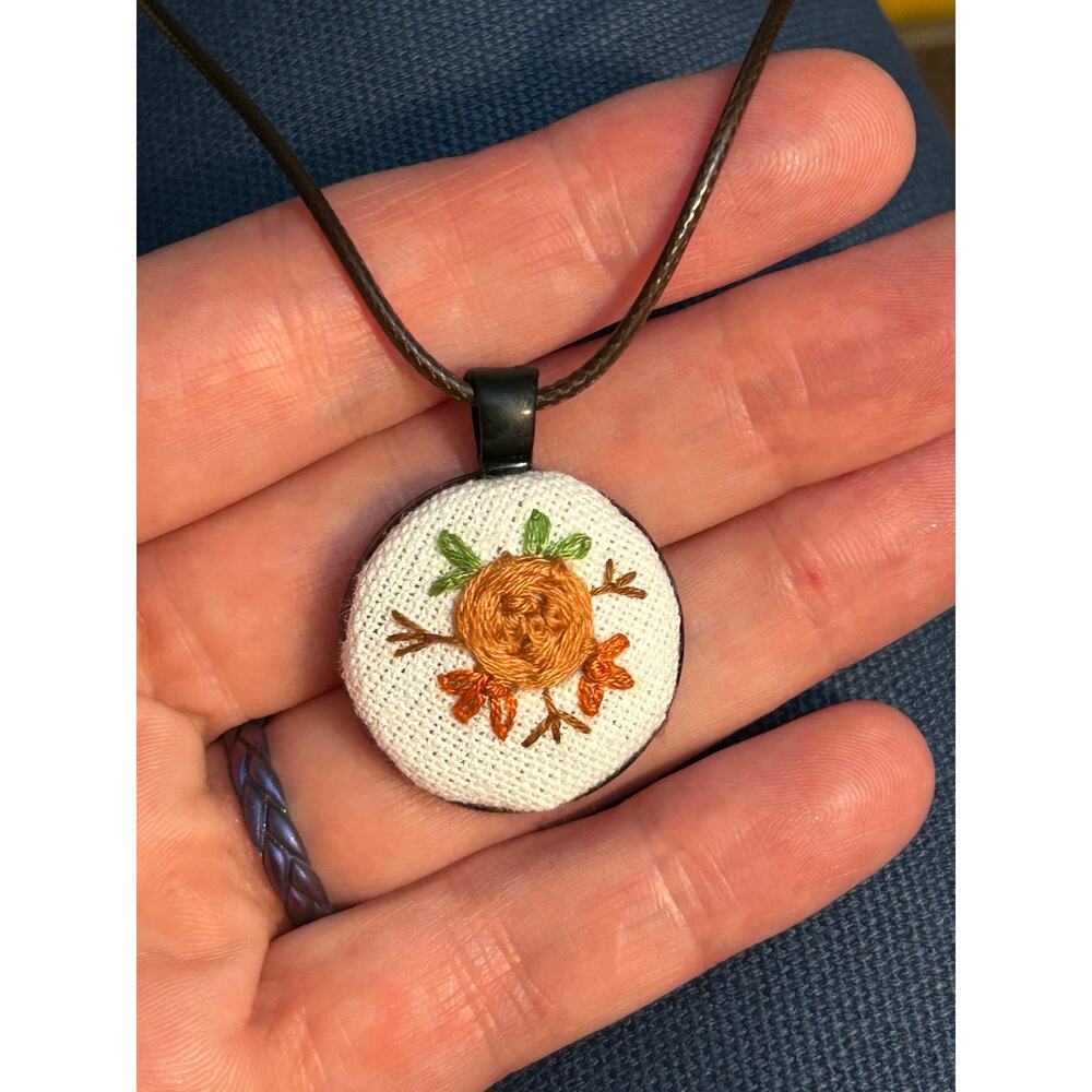 Handmade Orange Rose Embroidered Charm Necklace - Picture 4 of 4